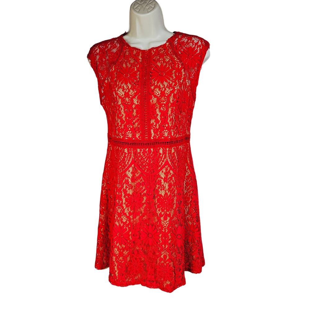 Altar'd State Red Floral Lace Fit & Flare Mini Dress Med Romantic Boho Festive